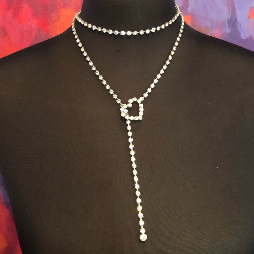 Vintage Rhinestone Heart Chain Belt Necklace